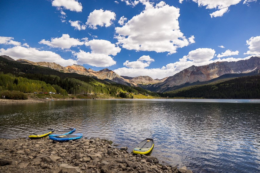 Lake with clouds and kayaks