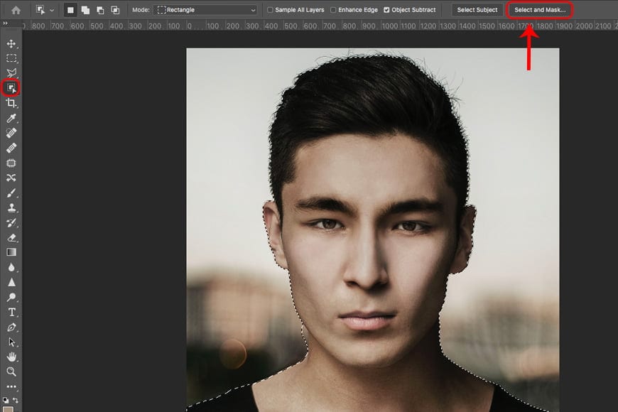 Steps for how to remove background in photoshop using Select & Mask.
