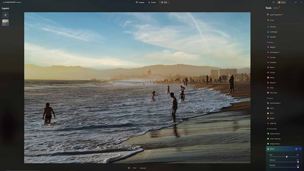 Removing a person from an image using Luminar Neo's clone tool