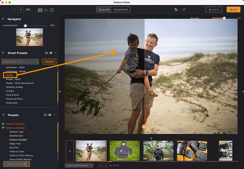 man holding boy on beach in Radiant image editor