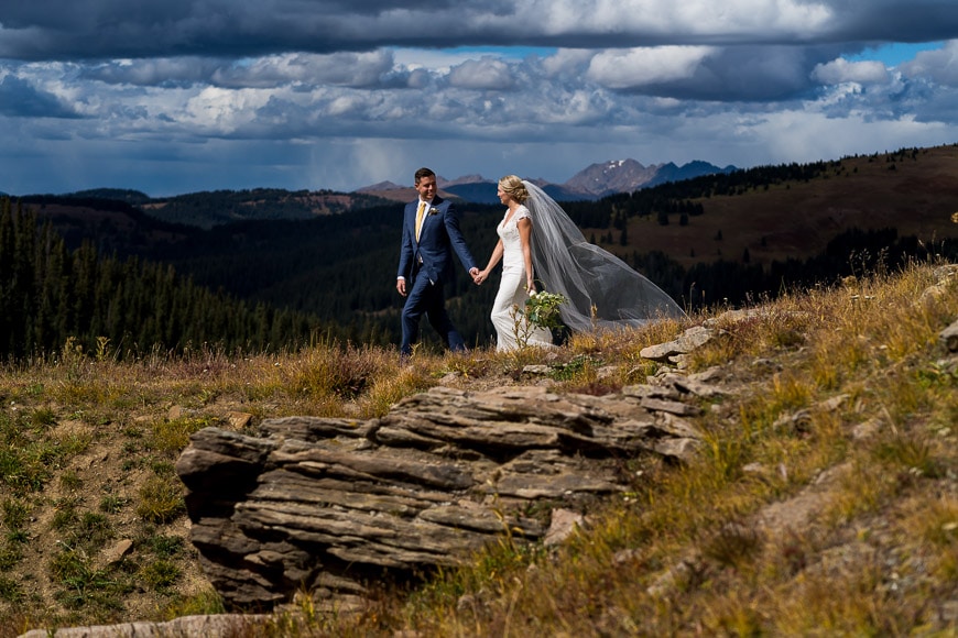 Bride and groom in countryside